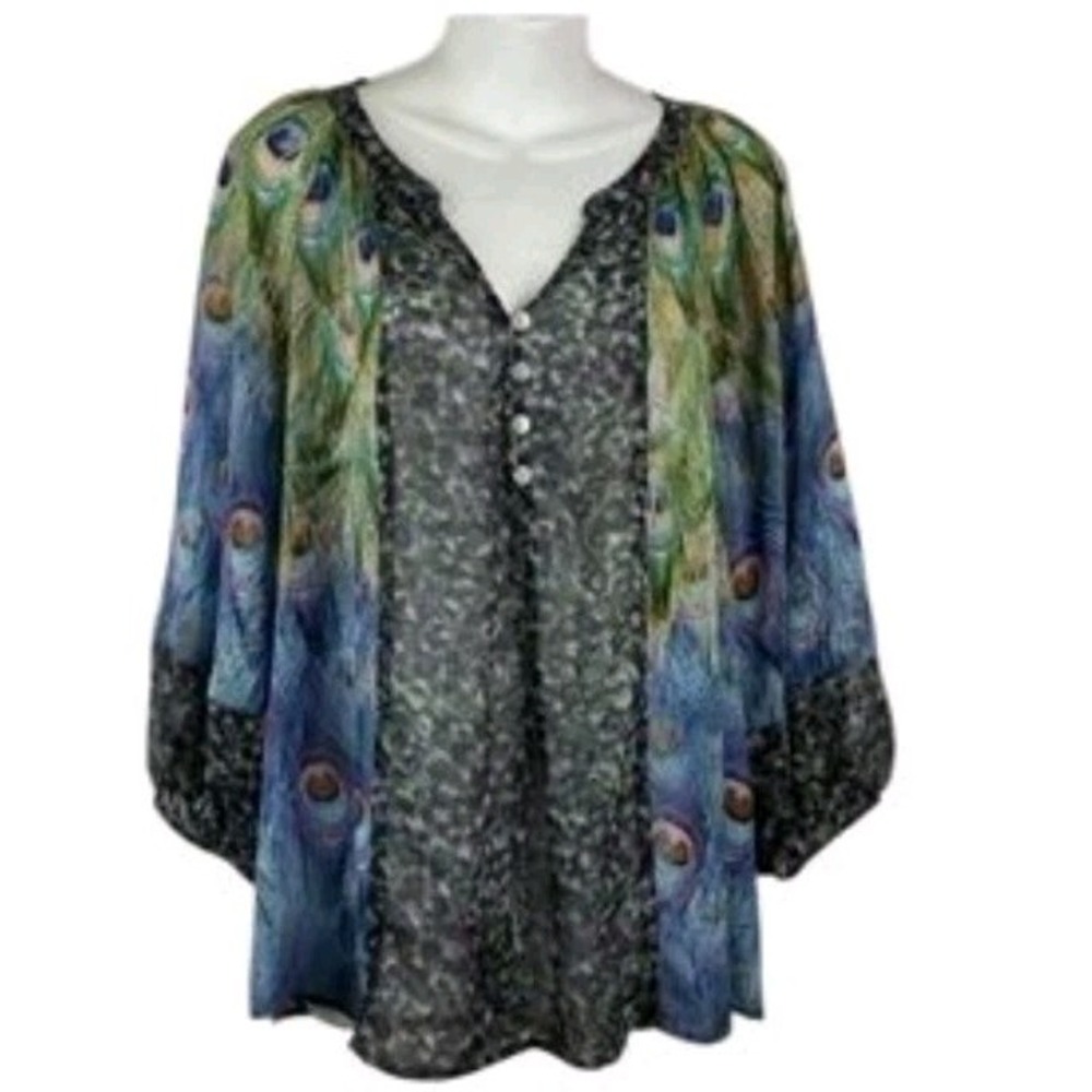 Fig and Flower Peacock Feather Blouse Small Anthropologie Green Blue V-Neck Top